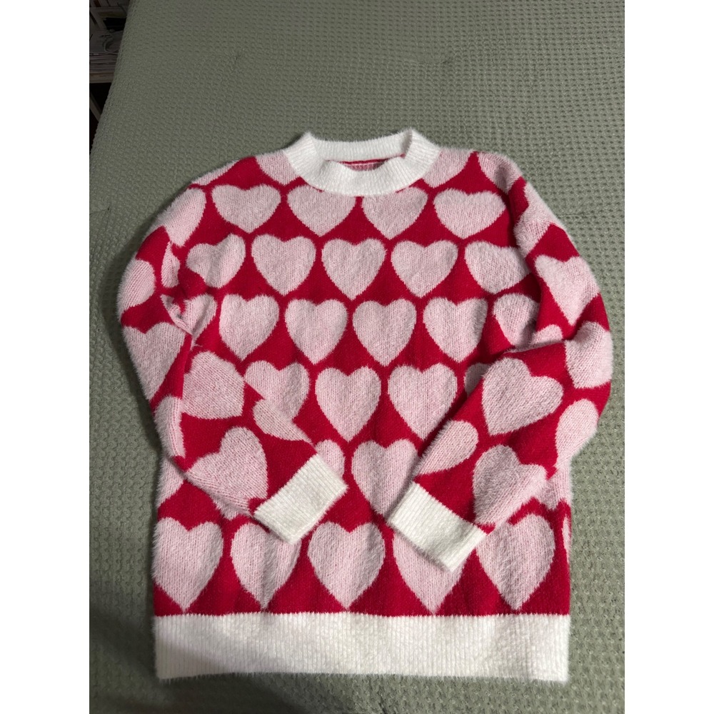 Red Pink Heart Pattern Fuzzy Knit Crewneck Sweater Pullover Valentine's Day